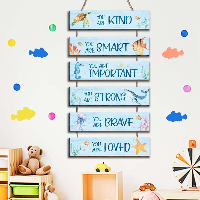 HIWERAN 6 Pieces Ocean Decor Kids Room Decor, Inspirational Watercolor Ocean Positive Quotes Wall Art Decor for Teens Children Bedroom, Works of Art Made of Wood, Works of Art of Wood, Placards of Woods - Image 4